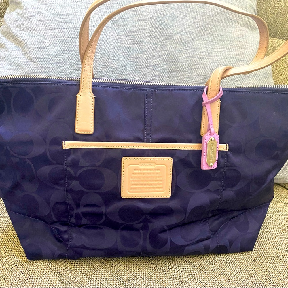 Coach Navy Signature Tote with Tan Trim and Pink Tag